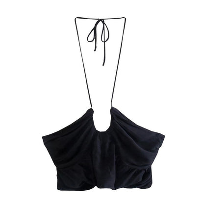 Pleated Cross Halter Tank Solid Color Top