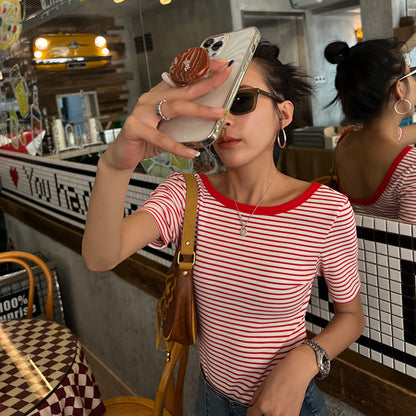 Camiseta con cuello en U y espalda adelgazante francesa retro sin espalda a rayas