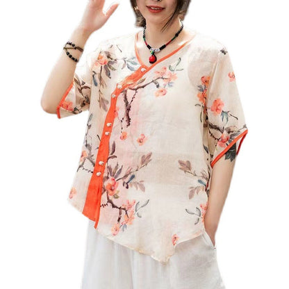 Disc Button Hanfu Retro Small Shirt Large Size Loose  Ramie