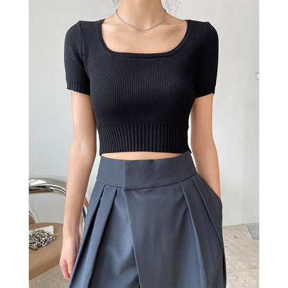 Bloggerstyle Fashionable Squareneck Short Navel Tshirt Slimming Shortsleeved Knitted Top Women