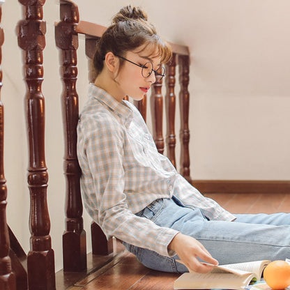 Chemise à carreaux pour femmes, chemise à bascule, haut Slim en pur coton