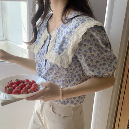 Camisa holgada de encaje con cuello azul marino pequeño de verano para mujer