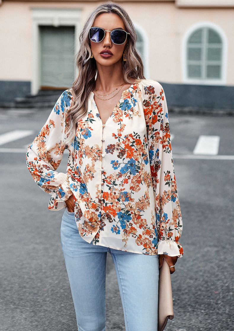 Camisas de manga larga con cuello en V y estampado floral casual para mujer