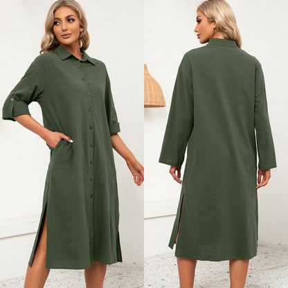 Single Breasted Long Sleeve Loose Casual Hem Slit Long Shirt Women