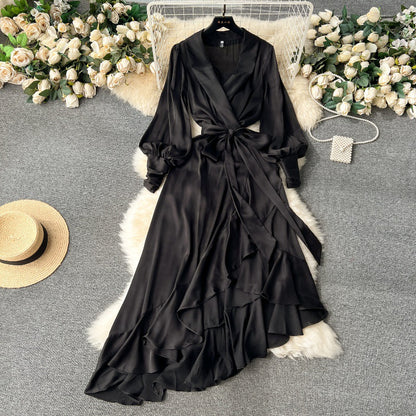 Long Sleeve Lace-up Waist Trimming Ruffles Irregular Suit Skirt Dress