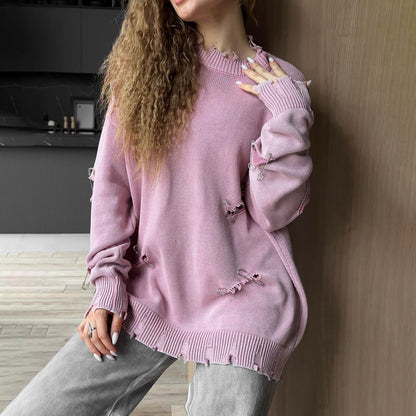 Oversize Idle Style Trendy Fashion Knitwear Autumn And Winter Leisure Ripped Sweater For Women