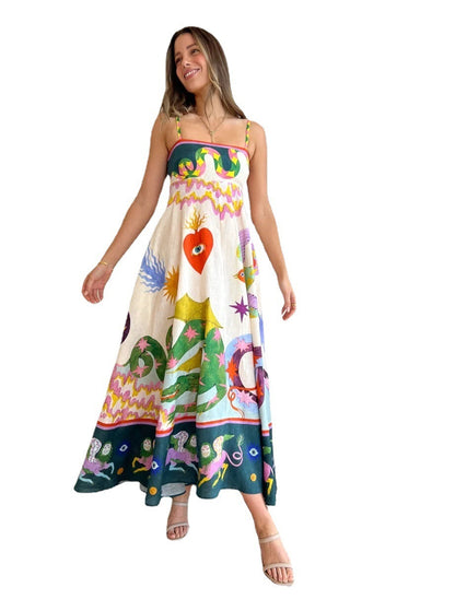 Vestido largo con estampado de moda para mujer, holgado, informal, sin mangas, con tirantes, con vuelo grande