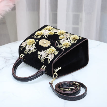 Bolso bandolera portátil con flores bordadas para mujer