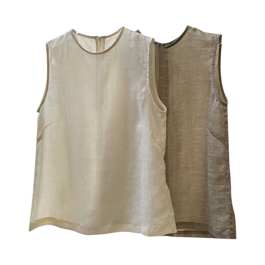 Gilet Camisole ample et amincissant sans manches en lin rétro à col rond