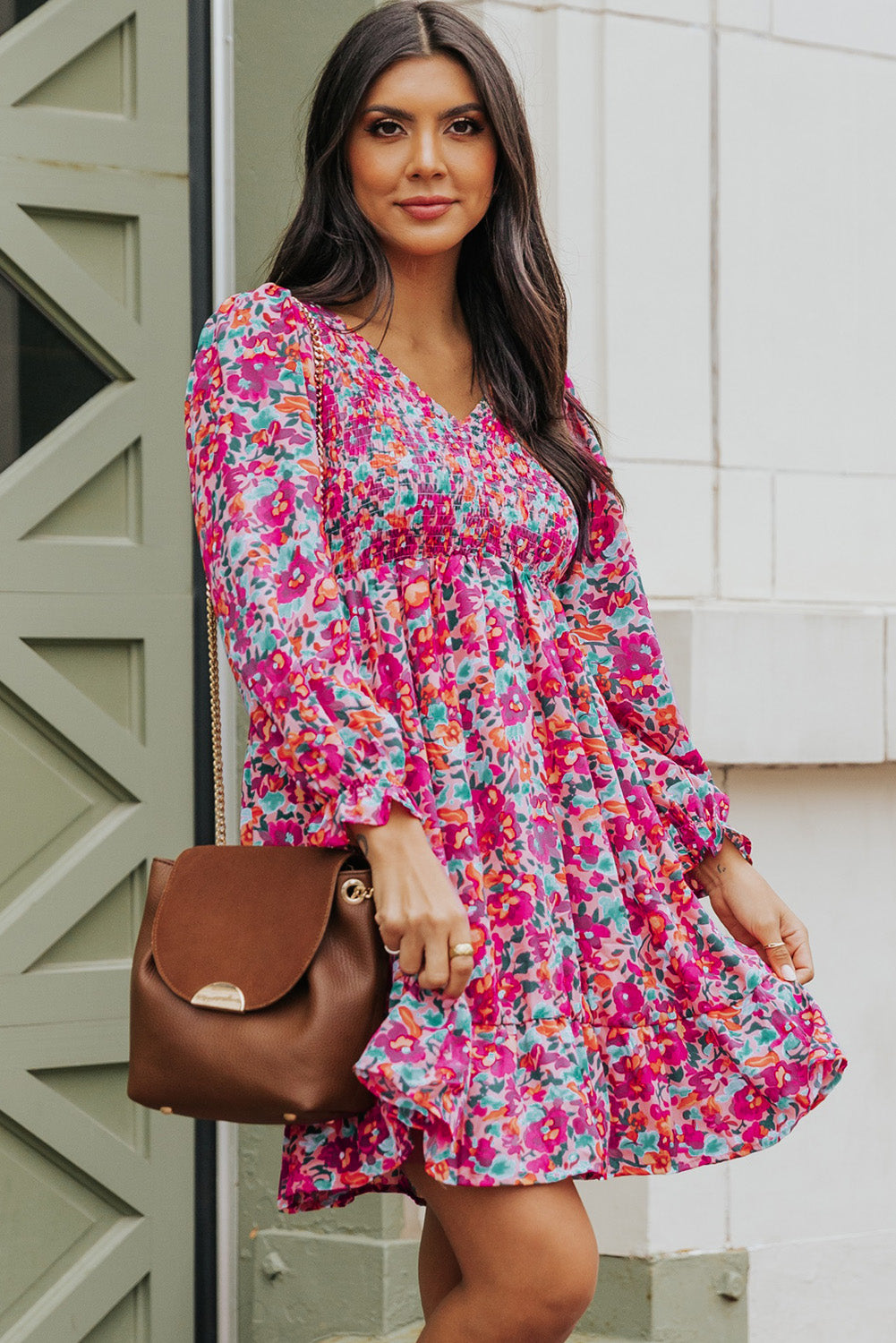 Purple Smocked V Neck Puffy Sleeve Floral Dress