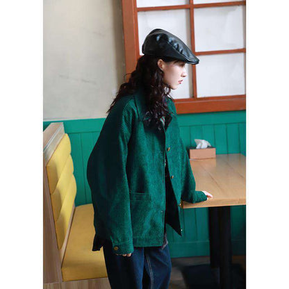 Retro Loose Wild Slim Straight Green Corduroy Jacket