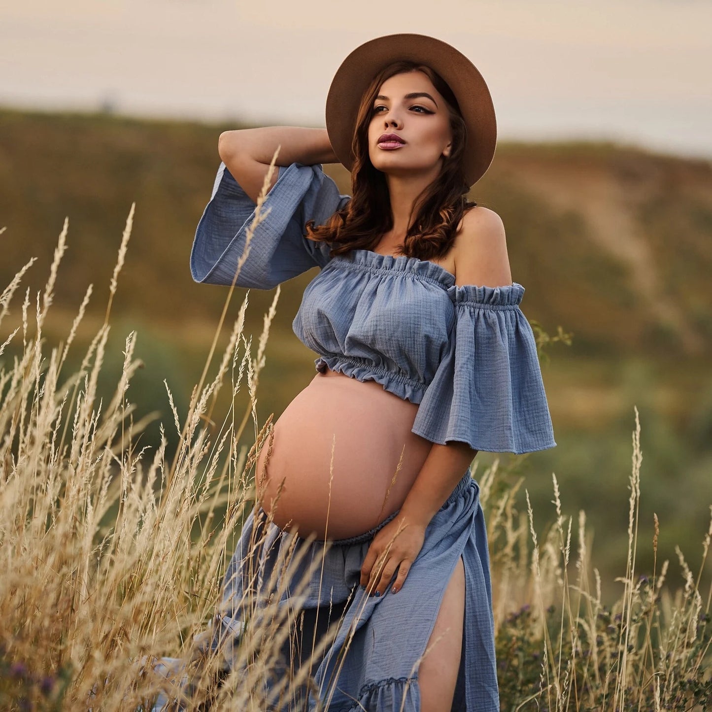 Traje de falda larga de algodón estilo bohemio traje de falda de fotografía dos en uno sin cuello