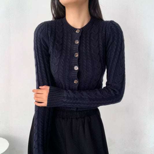 Pull à manches longues torsadé avec boutons rétro de style américain pour femmes