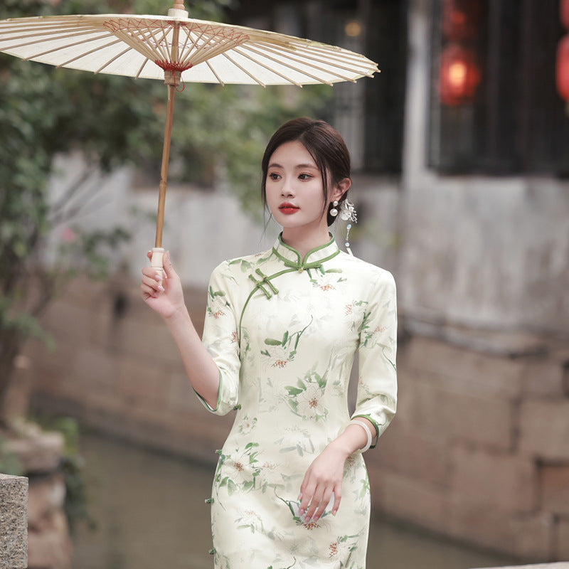 Cheongsam elegante de ante de alta calidad Suzhou, manga tres cuartos, estilo republicano chino Retro