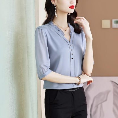 Women's New Fashion V-neck Stitching Light Luxury Chic Shirt