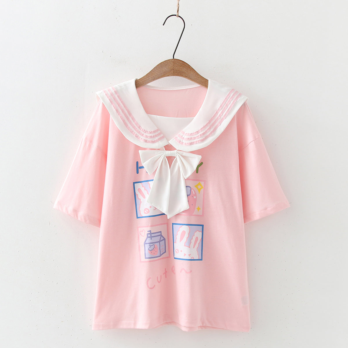 Doux soeur enfant mignon lapin imprimé nœud papillon col bleu marine ample à manches courtes T-shirt étudiant chemise femme été