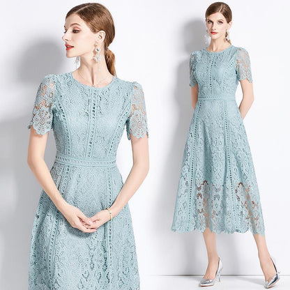 Round Neck Ruffle Sleeve Lace Slimming Temperament Elegant Dress