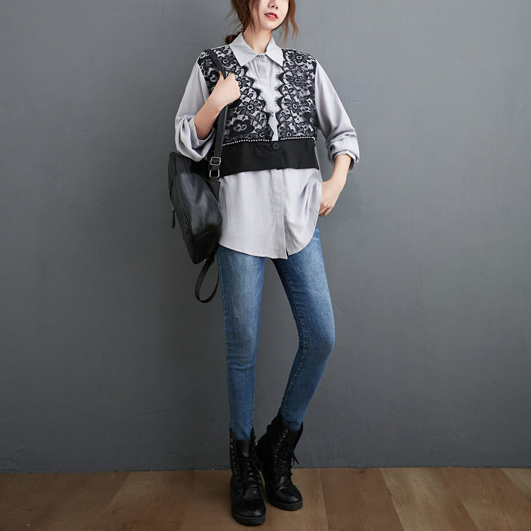 Lace Stitching Western Style Loose Long Sleeves