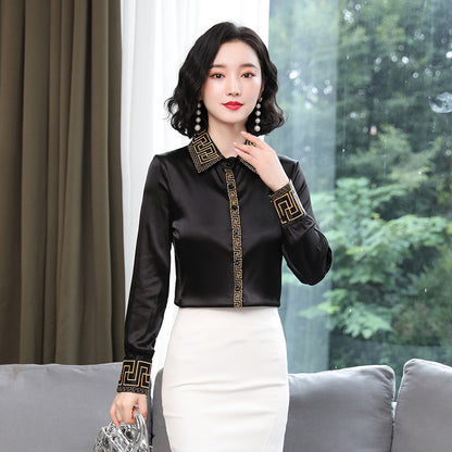 Women's Long-sleeve Satin Silk Top With Embroidered Shirt