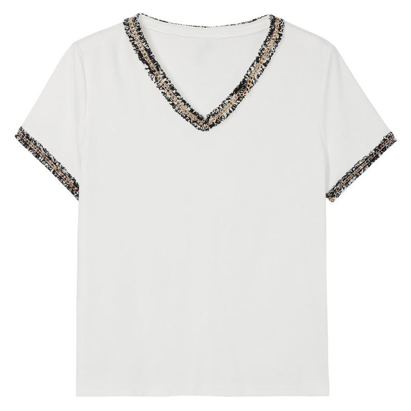 T-Shirt à manches courtes et col en v pour femmes, haut ample à col effiloché et diamant, nouveau Style d'été