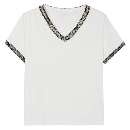 V-Neck T-Shirt Women's Short-Sleeved Summer New Style Frayed Collar Diamond Loose Top