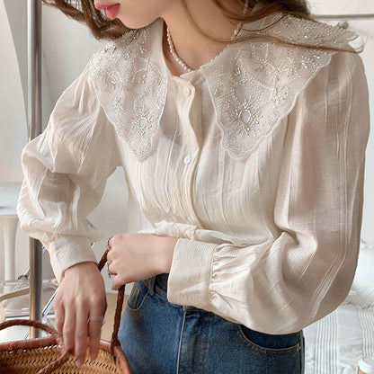 Sweet And Lovely Temperament Lotus Leaf Lace Collar Shirt Women