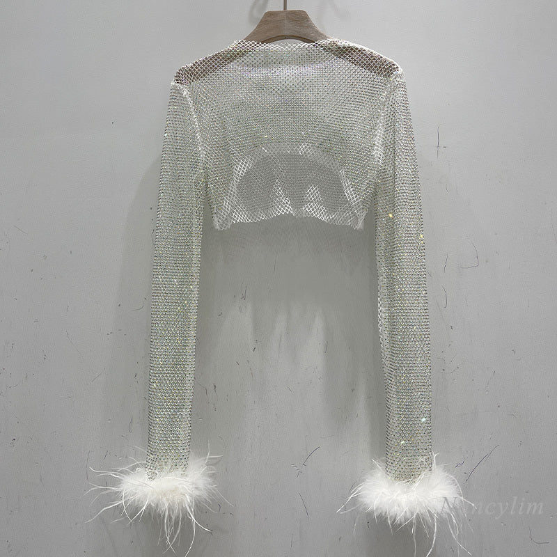 Flash Diamond Hollowed-out Feather Long-sleeved Fishing Net Top