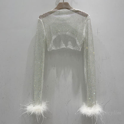 Flash Diamond Hollowed-out Feather Long-sleeved Fishing Net Top