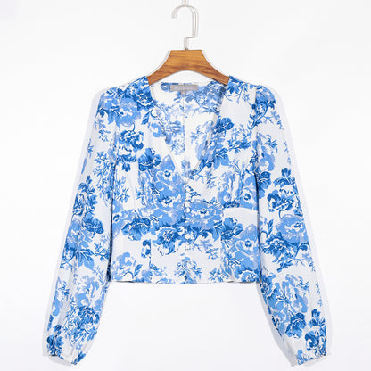 Summer Vacation V-Neck Blue And White Porcelain Print Shirt