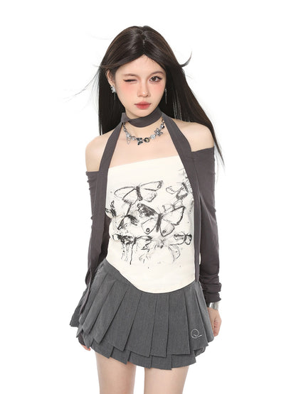 Camiseta de manga larga con cuello descubierto Top corto adelgazante ajustado con estampado de mariposas