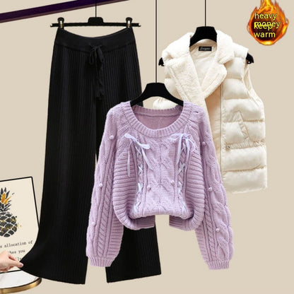 Three-piece Vest Thickened Sweater Wide-leg Pants Women's Suit