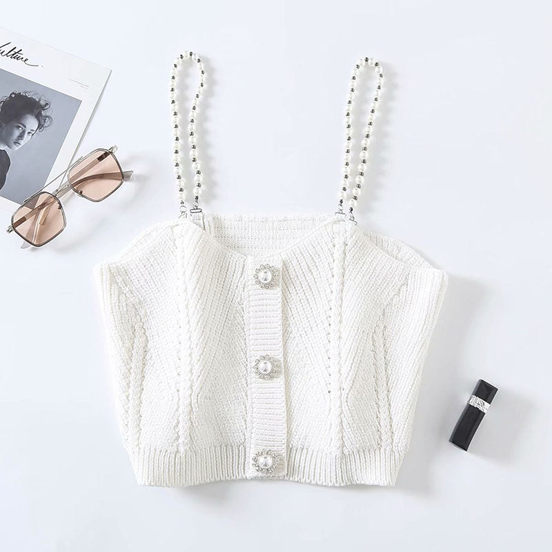 Short Knitted Suspenders All Match Slim Pearl Strap Vest Top