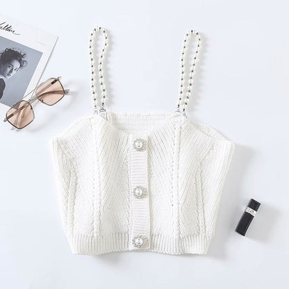 Short Knitted Suspenders All Match Slim Pearl Strap Vest Top