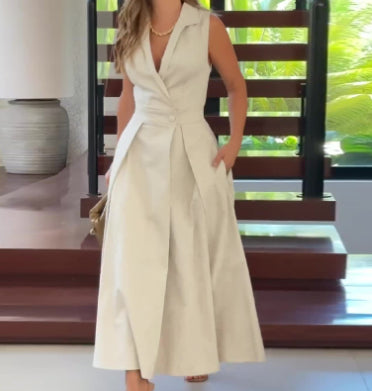 Vestido elegante sin mangas largo plisado con cuello polo de color sólido europeo y americano