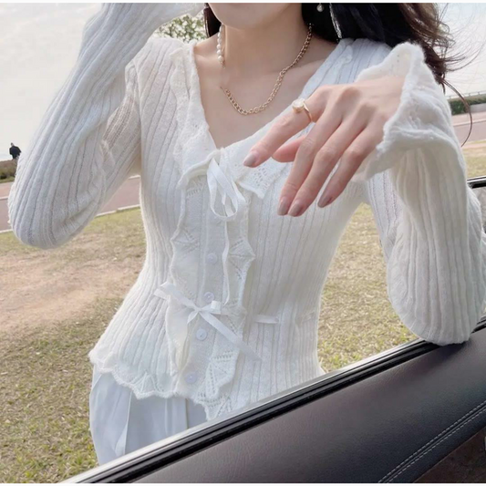 Pure Desire Wind Ruffled Slim Knitted Bottoming Shirt Women's Spring Waist