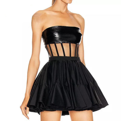 Tube Top Backless Puffy Ruffles Leather Skirt Prom Evening Dress