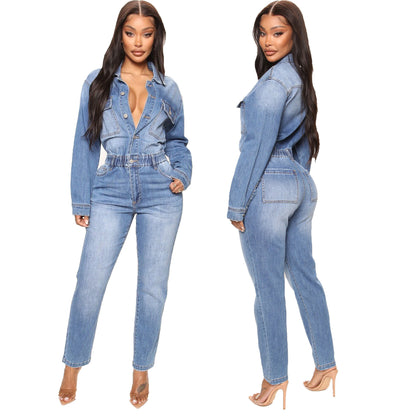 New European And American Slim Waist Washing Long Sleeve Jumpsuit