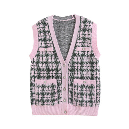 Cardigan tricoté à carreaux pour femmes, col en v