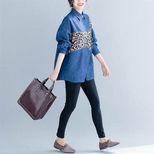 Leopard Print Stitching Western Style Was Thin Loose Long-sleeved Shirt Fat Women Covering Belly Big Size