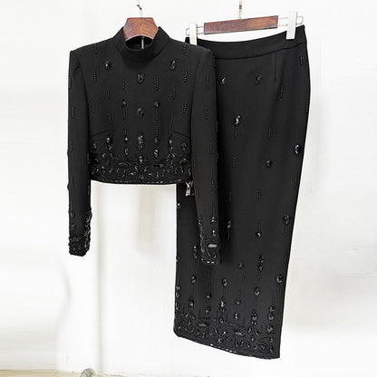 Fashion New Heavy Industry Beads Diamond Inlaid Short Top Long Skirt Suit