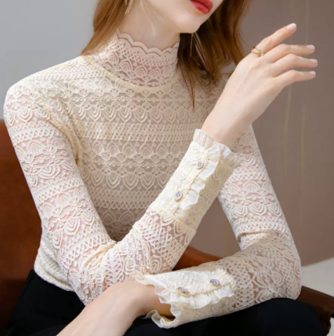 Half-high Neck Lace Bottom Blouse For Women In Autumn And Winter