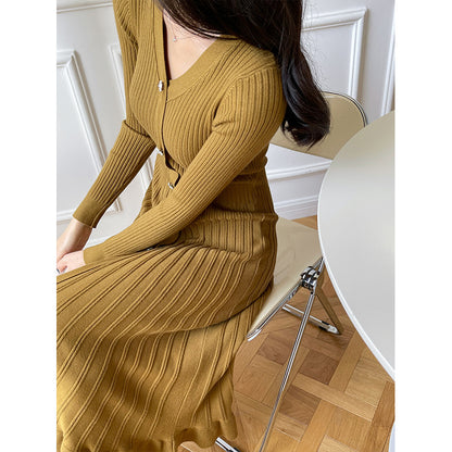 Robe tricotée à la mode pour femme, longue au dessus du genou, pull amincissant