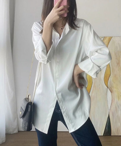 Long New Temperament Drape Silk Satin Loose Shirt