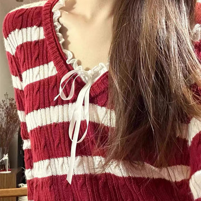 Loose V-neck Red And White Striped Cable-knit Sweater Coat