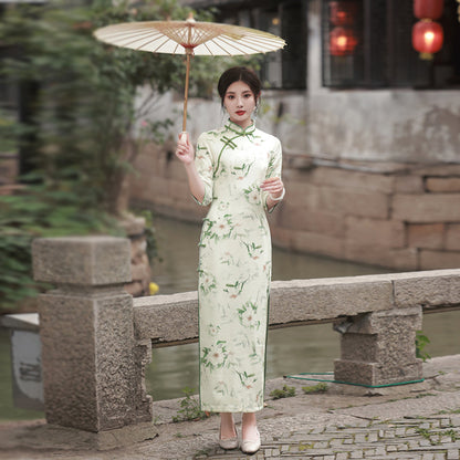 Cheongsam elegante de ante de alta calidad Suzhou, manga tres cuartos, estilo republicano chino Retro