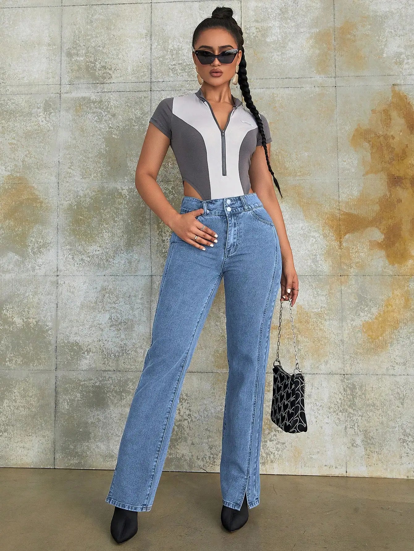 Y2K 2023 Women Fashion Slit Hem Straight Leg Jeans Vintage High Waist Simple Denim Trousers Ladies Street Long Pants