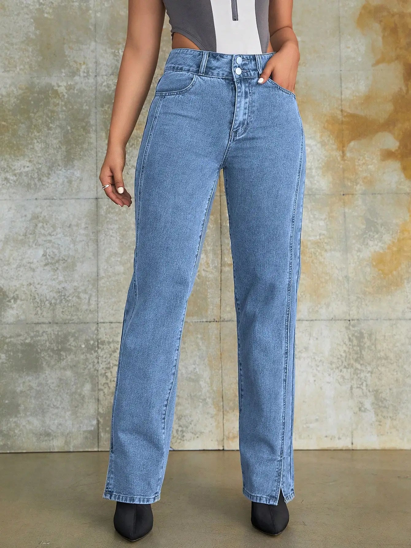 Y2K 2023 Women Fashion Slit Hem Straight Leg Jeans Vintage High Waist Simple Denim Trousers Ladies Street Long Pants