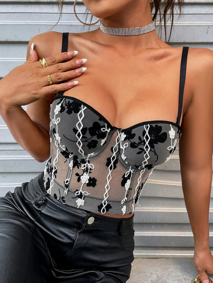 Sexy mujer Floral bordado Bustier transparente ajustado carnaval Clubwear corsé Cami Correa Top