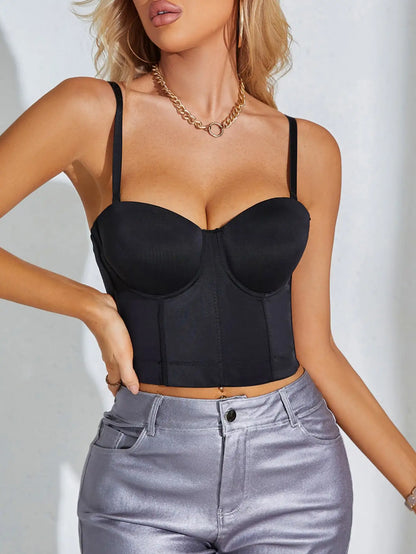 2023 Fashion Women Sexy Style Fishbone Design Going Out Solid Bustier Crop Corse Tight Cami Spaghetti Strap Top