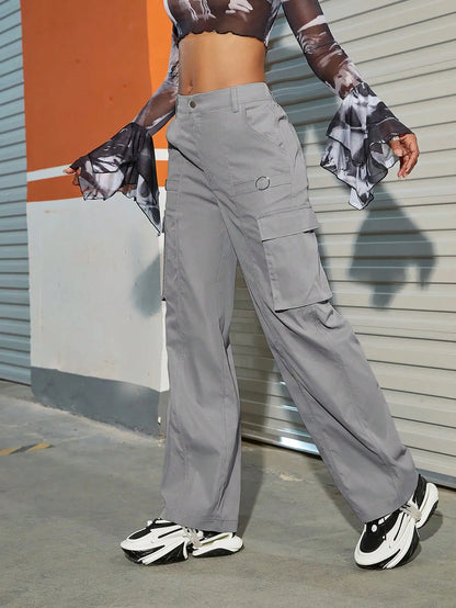 Women Fashion Flap Pocket Side Cargo Pants BF Baggy Wide Leg Hip Hop Sweatpants High Waist Casual Parachute Pants Mujer